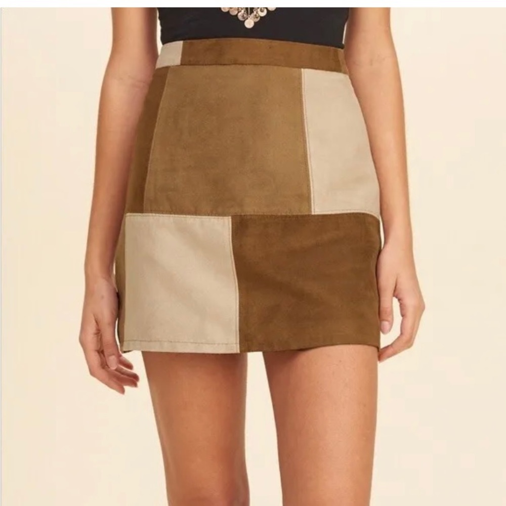 Hollister faux suede mini skirt size 0 1 2 xs patchwork tan brown cream western